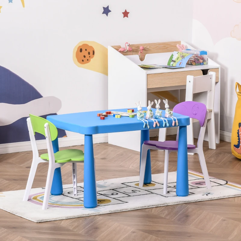 HOMCOM Juego Infantil de Mesa y 2 Sillas de Actividad con Respaldo y Cantos de Pulido Redondo para Niños de +2 Años Diseño Ergonómico 76,5x54,5x49,5 cm Multicolor