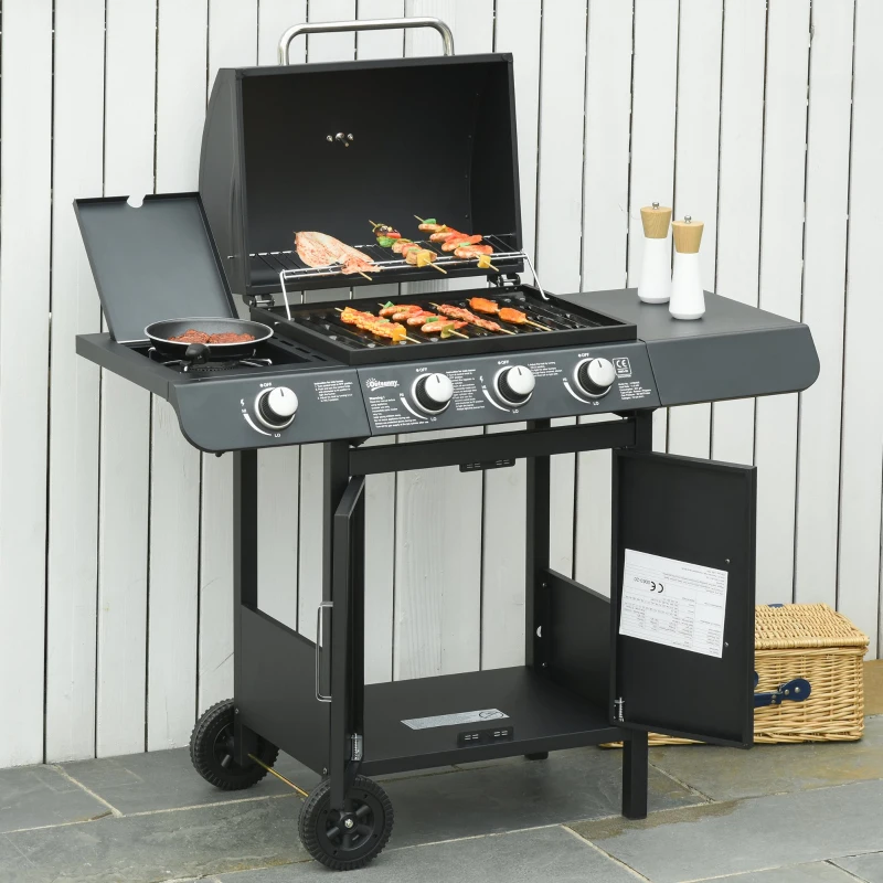 Outsunny Barbacoa de Gas BBQ con Ruedas Parrilla Gas con 3+1 Quemadores de 11,6 KW 2 Mesas Laterales y Termómetro Acero 110x50x100 cm Negro