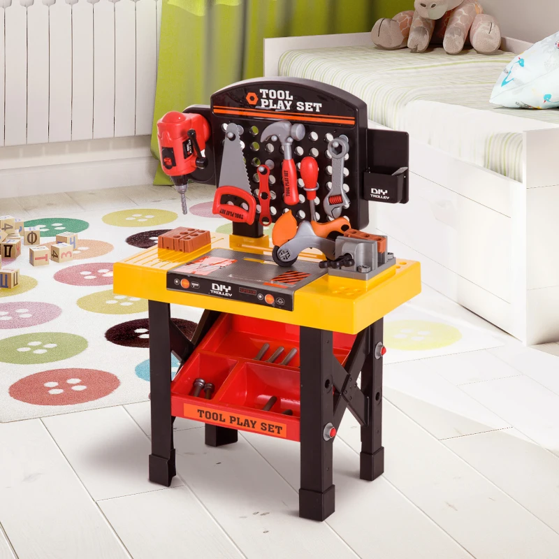 HOMCOM Herramientas de Juguete 53 Piezas Banco de Trabajo para Niños +3 Años Bancada Mesa de Herramientas 50x26x75cm PP