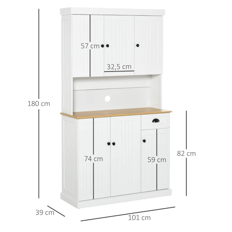 HOMCOM Armario Alacena de Cocina Buffet Aparador Organizador con 7 Estantes y un Cajón Extraíble 4 Puertas con Baldas Ajustables 101x39x180 cm Blanco