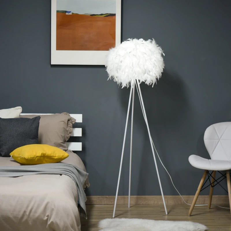 HOMCOM Lámpara de Pie con Trípode de Metal y Pantalla de Plumas con Interruptor de Pie Estilo Moderno para Dormitorio Sala de Estar Salón Estudio 54x54x147 cm Blanco