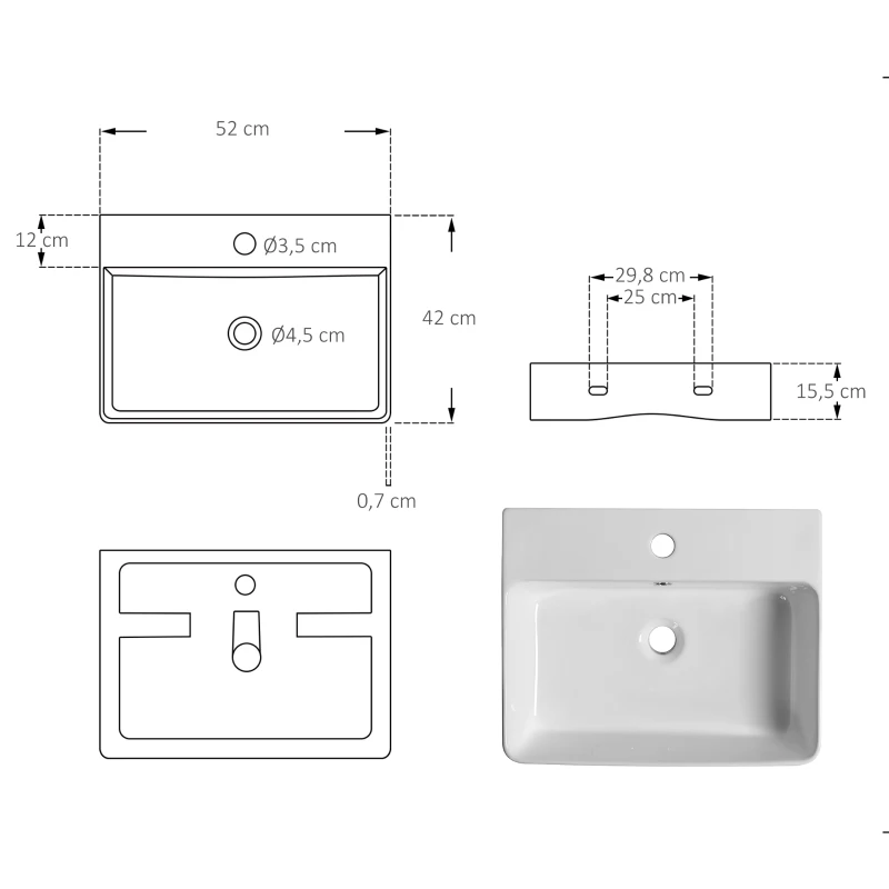 kleankin Lavabo Rectangular Lavamanos para Baño Sobre Encimera de Cerámica de Alta Temperatura con Diseño Nórdico 52x42x15,5 cm Blanco
