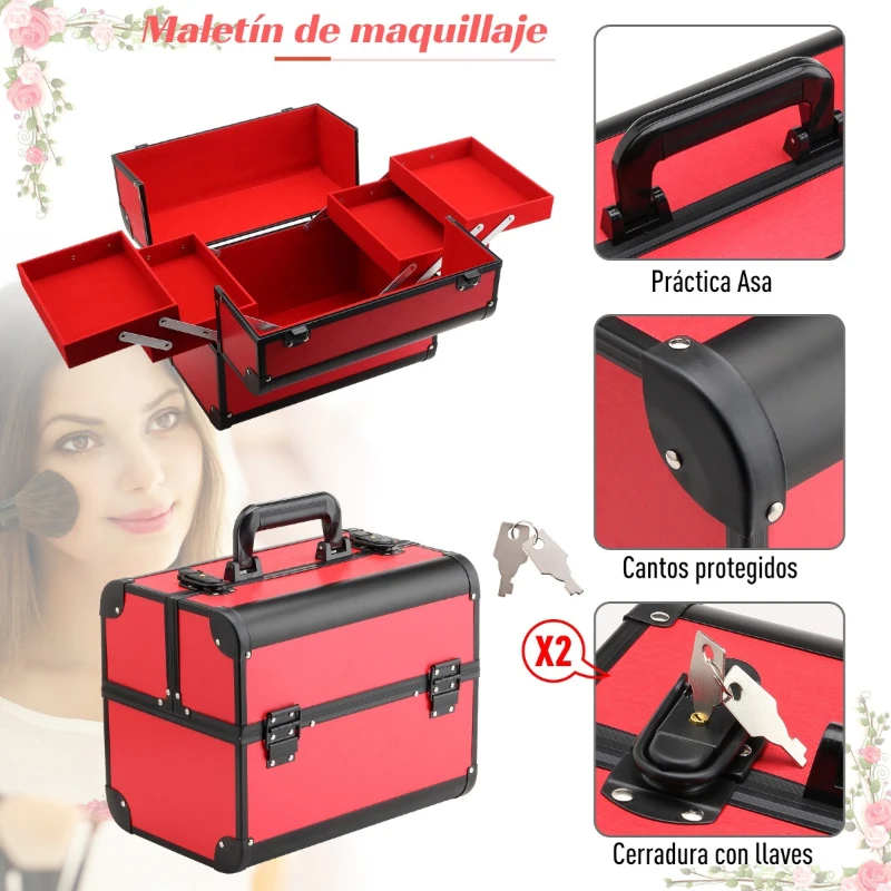 Maletín De Maquillaje Portátil para Cosméticos y Bisutería con Organizador de Tocador Con Bandeja Desplegable Asa y Cerradura Aleación de Aluminio 32x21x26 cm Rojo y Negro