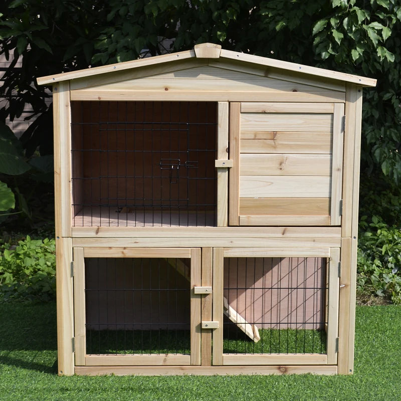 PawHut Conejera de Exterior de 2 Niveles Jaula para Conejos con Rampa Tobogán Techo Resistente al Agua Ventanas para Buena Ventilación del Aire 98x54x100 cm