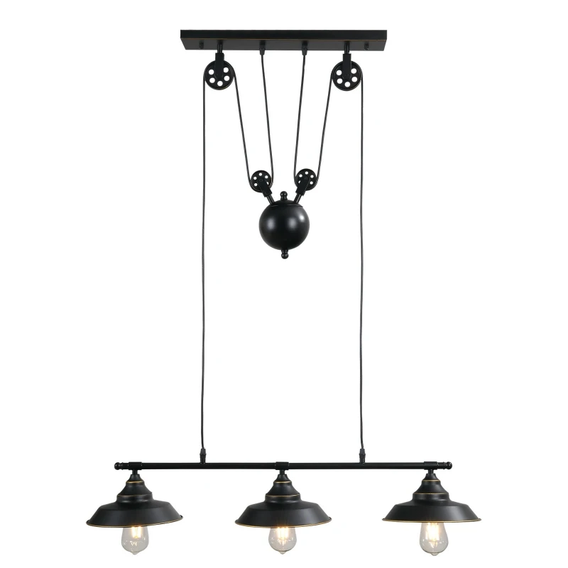 HOMCOM Lámpara Colgante de Estilo Industrial Lámpara de Techo Retro con Poleas Bola de Contrapeso Altura Ajustable 3 Portalámparas Convencionales 90x22x89-180 cm Negro