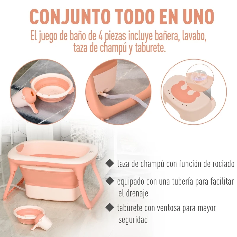 HOMCOM Bañera para Bebé Plegable y Portátil con Recipiente de Champú Palangana y Taburete Set de 4 Piezas de Ducha para 0-3 Años 81,5x60x46,5 cm Rosa