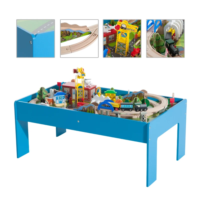 HOMCOM Set Completo de 82 Piezas Juego de Tren con Circuito de Vía + Mesa de Madera para Niños Juguete Educativo Infantil para Actividad Interior con Certificación EN71-1-2-3