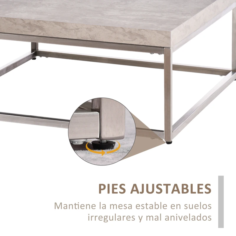 HOMCOM Mesa de Centro Cuadrada Mesa Auxiliar Multifuncional con Marco de Acero Inoxidable Estilo Moderno para Salón Sofá 80x80x34 cm Gris Cemento