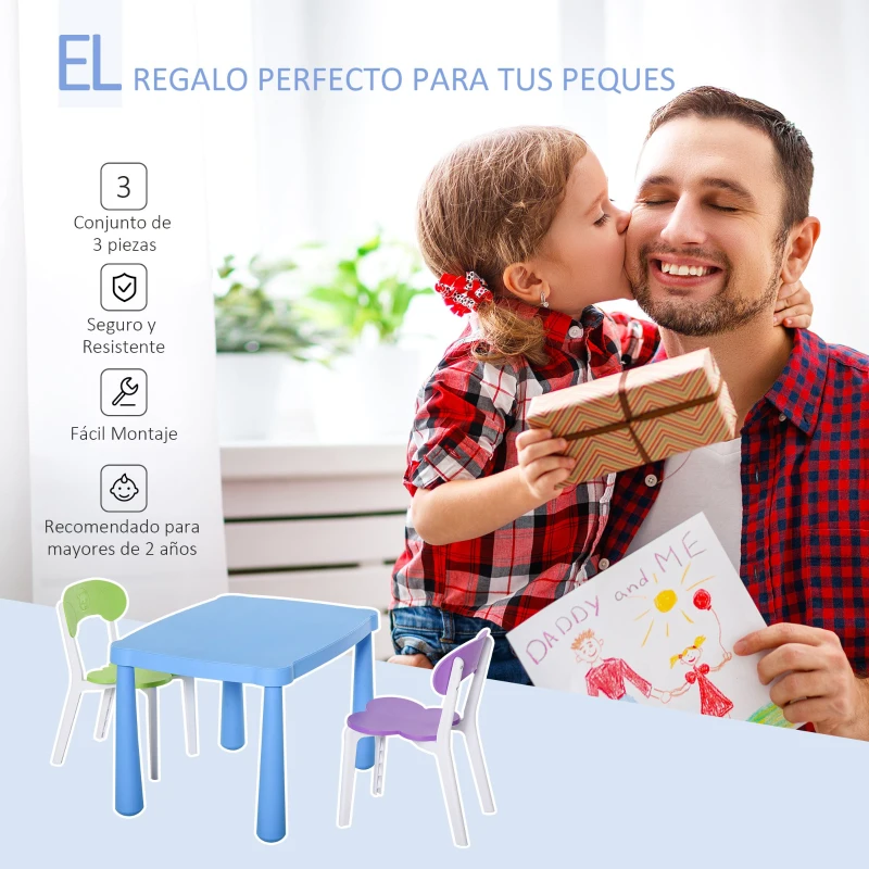HOMCOM Juego Infantil de Mesa y 2 Sillas de Actividad con Respaldo y Cantos de Pulido Redondo para Niños de +2 Años Diseño Ergonómico 76,5x54,5x49,5 cm Multicolor