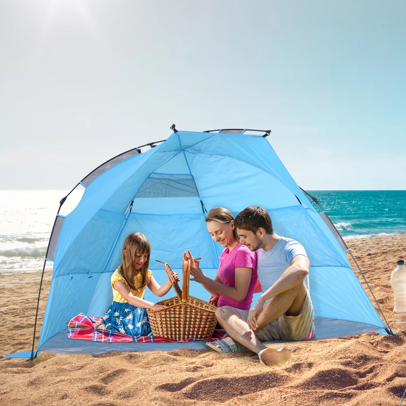 Outsunny Tienda de Playa Pop-up Automática de Campaña Toldo Refugio de Playa Impermeable Protección UV Portátil y Plegable