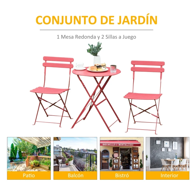 Outsunny Conjunto Muebles Plegables de Jardín de 3 piezas Mesa y 2 Sillas de Metal para Balcón Terraza Exteriores Ø60x71 cm Rojo