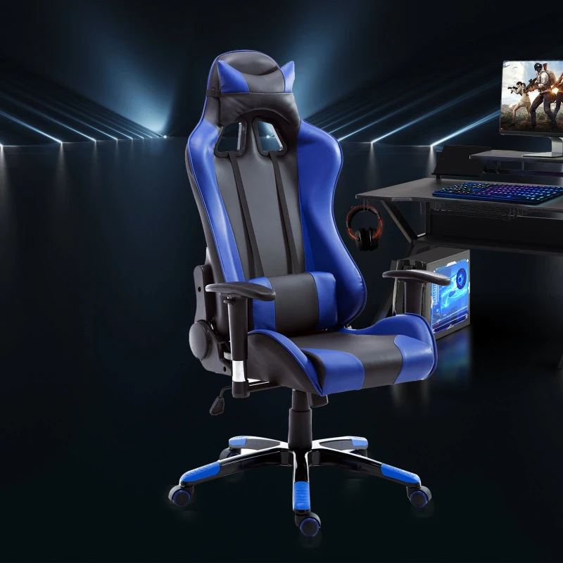 HOMCOM Silla de Oficina Silla Ergonómico Reclinable y Basculante Altura Ajustable Giratorio con Ruedas Reposacabezas y Soporte Lumbar Carga 120 kg 67x67x123-132 cm Azul