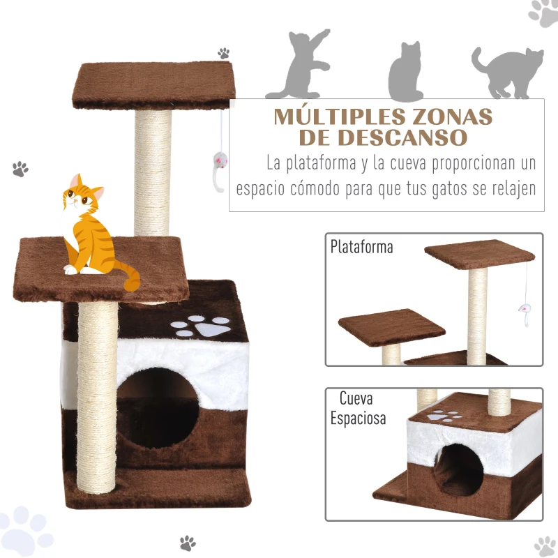 PawHut Árbol Rascador para Gatos Altura 70 cm con Cueva de Felpa Suave 2 Plataformas Postes Rascadores de Sisal Natural y Ratón de Juguete 45x33x70 cm Marrón Café