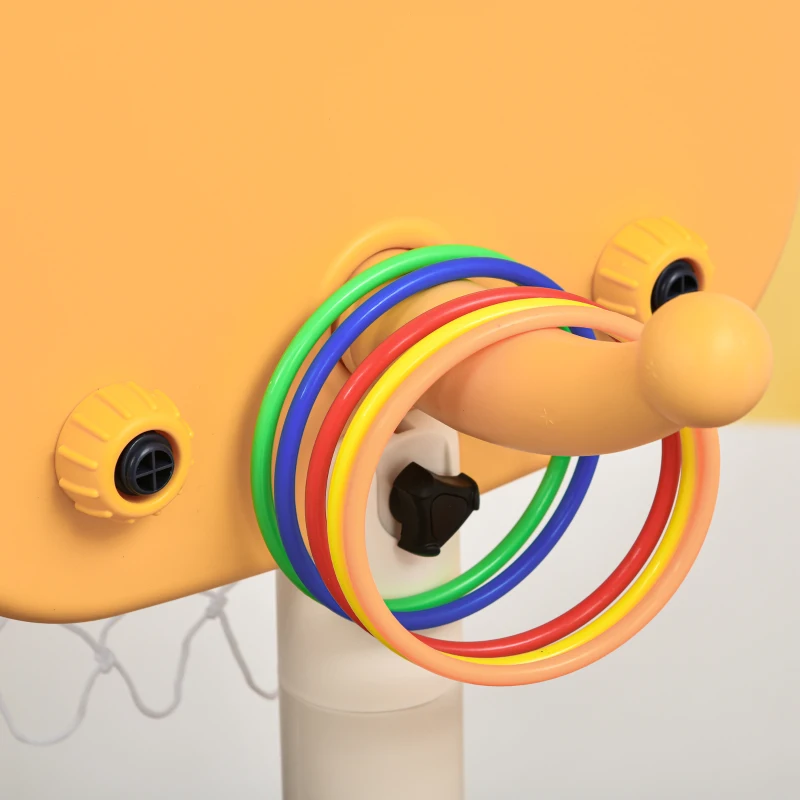 HOMCOM 2 en 1 Canasta de Baloncesto para Niños y Juego de Lanzamiento de Anillos Portátil con Aro Ajustable de 96-110 cm Accesorios Incluidos 58,5x56x122-137 cm Multicolor