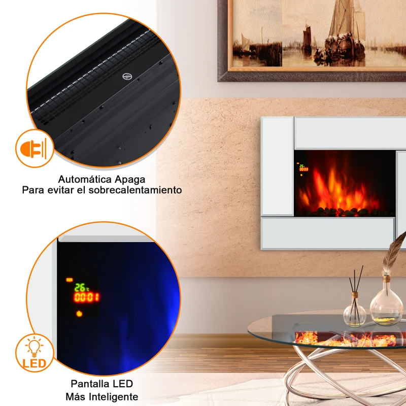 HOMCOM Chimenea Eléctrica de Pared 7 Color Control Remoto Programable 7 días 900/1800W Calefactor Eléctrico con Iluminación LED 66x52x10.7cm Acero y Vidrio