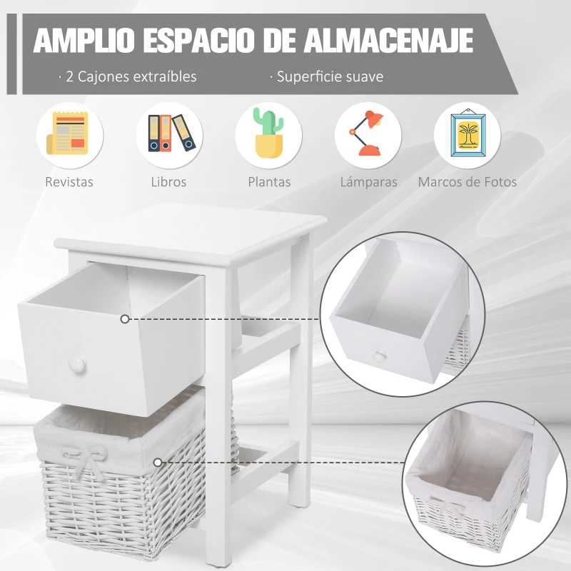 HomCom® Mesita de Noche Madera con 1 Cajón 1 Cesta 28x31x45cm Blanco