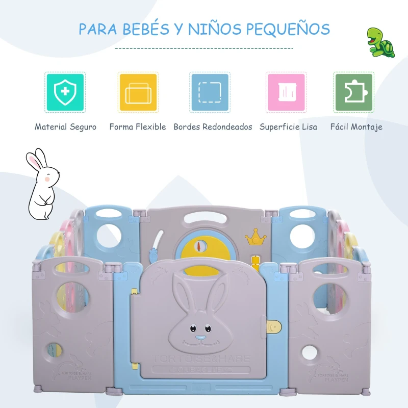 HOMCOM Parque Infantil Bebé de 14 Paneles Corralito Plegable con Puerta y juegos para Niños de +6 Meses Interior y Exterior 156x154x59 cm Multicolor
