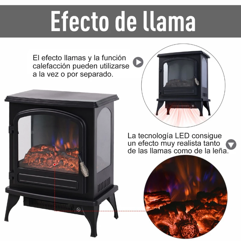 HOMCOM Chimenea Eléctrica de Pie Movible y Decorativo Calefactor Estufa 975/1950W Llama LED con Termostato 41x25.4x52cm