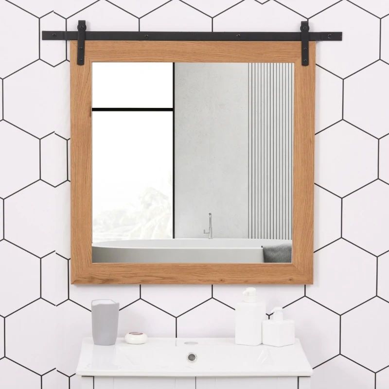 HOMCOM Espejo de Baño Montado en la Pared con Diseño de Puerta Corrediza de Granero para Aseo Maquillaje y Afeitado 84x2x74 cm Madera y Negro