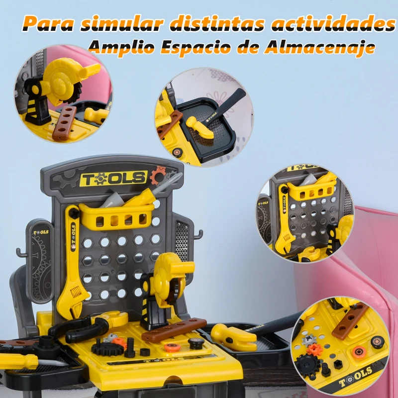 HOMCOM Banco de Herramientas Diseño 3 en 1 para Niños Mayores de 3 Años Juego de Imitación Infantil 60 Piezas 59,7x47x42,5 cm Amarillo y Negro