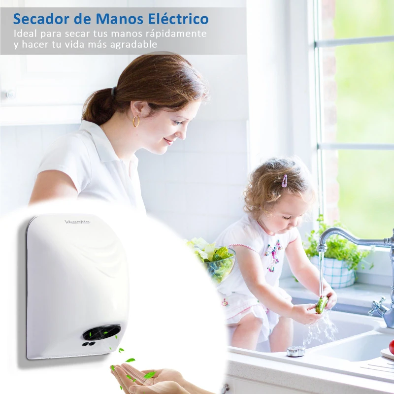kleankin Secador de Manos Electrónico Automático con Sensor Montaje en Pared 850W Contra Sobrecalentamiento Aire Caliente 20.5x13.5x29cm