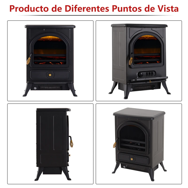 HOMCOM Chimenea Eléctrica Móvil Calefactor Estufa Eléctrica con Termostato 900W/1800W Efecto Fuego LED Temperatura Ajustable 41.5x28x54cm Acero