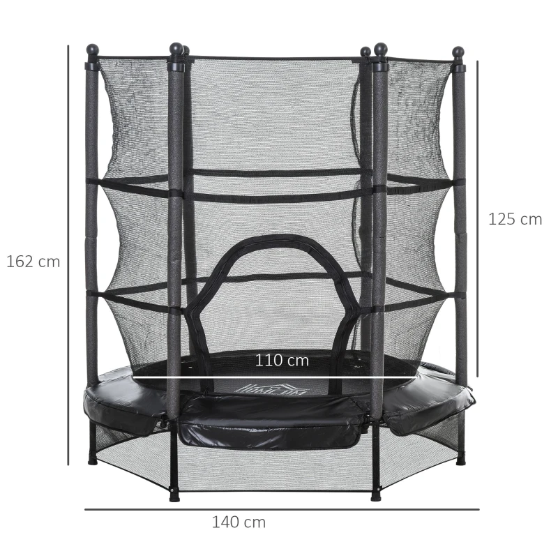 HOMCOM Cama Elástica Infantil Trampolín para Niños con Red Protectora Puerta con Cremallera +3 Años para Interiores y Exteriores Marco Acero 140x140x158 cm Negro