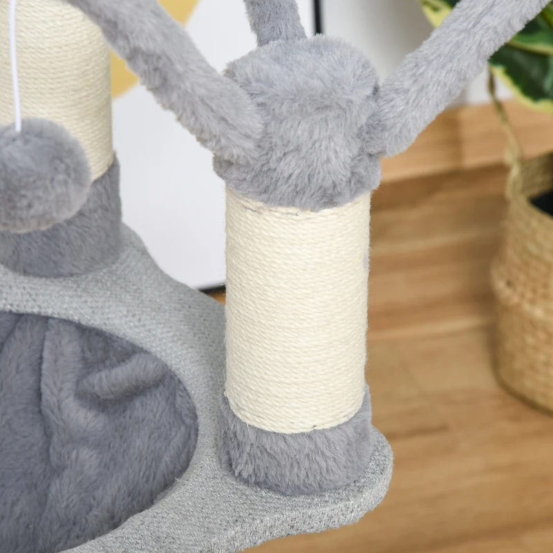 PawHut Árbol Rascador para Gatos Grande 80x55x122 cm con Hamaca Plataformas Juguetes Colgantes de felpa Suave y Postes para Rascar de Sisal Natural Gris