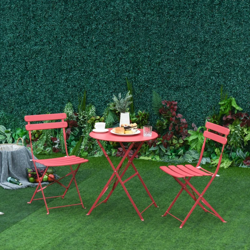 Outsunny Conjunto Muebles Plegables de Jardín de 3 piezas Mesa y 2 Sillas de Metal para Balcón Terraza Exteriores Ø60x71 cm Rojo