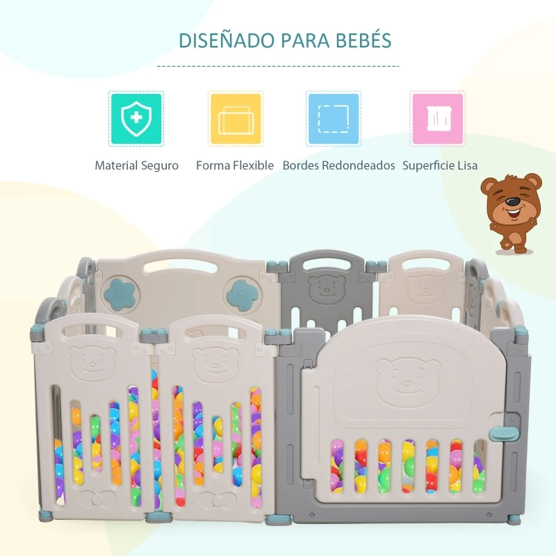 HOMCOM Parque Infantil Bebé con Puerta Corralito Plegable 12 Paneles para Niños de +6 Meses de Forma Flexible Interior y Exterior 108x133x58 cm Gris y Blanco