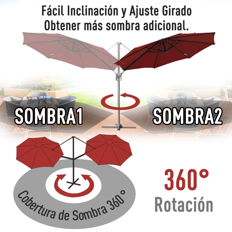 Outsunny Parasol Excéntrico Sombrilla Inclinable Φ2.94x2.48M con Manivela Tela de Poliéster Resistente a UV para Jardín Patio Playa Piscina Terraza Grande y Estable