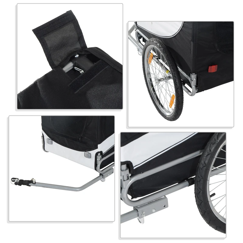 PawHut Remolque Bicicleta Perros Mascota 1 Bandera 6 Reflectores Remolque Bici Blanco y Negro
