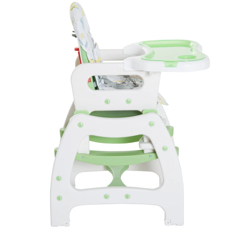 HOMCOM Trona para Bebé Convertible en Silla+Mesa y Silla Mecedora con Cinturón de Seguridad (Blanco y verde)