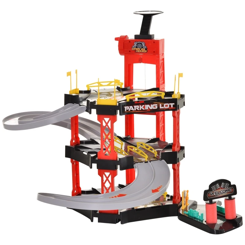 HOMCOM Juego de Garaje Infantil Parking para Niños de +3 Años con 55 Accesorios Incluidos 4 Coches 1 Helicóptero Elevador Funcional 62x52x51 cm Rojo Negro