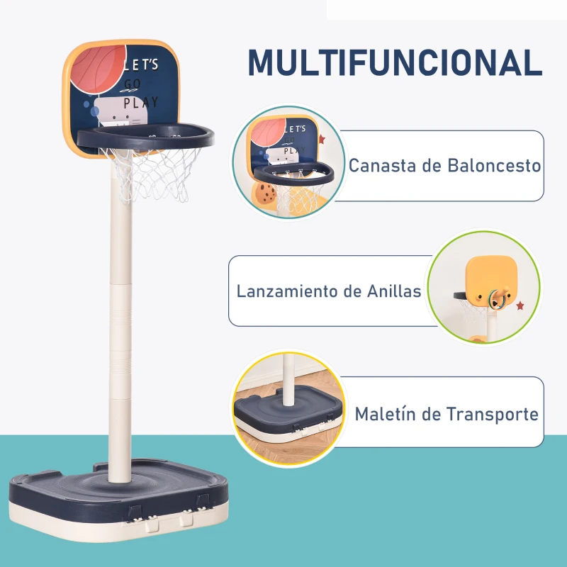HOMCOM 2 en 1 Canasta de Baloncesto para Niños y Juego de Lanzamiento de Anillos Portátil con Aro Ajustable de 96-110 cm Accesorios Incluidos 58,5x56x122-137 cm Multicolor