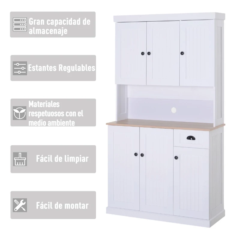 HOMCOM Armario Alacena Buffet Aparador de Cocina Mueble Auxiliar Organizador con 7 Estantes y un Cajón Extraíble 4 Puertas con Estantes Ajustables 101x39x180cm Madera