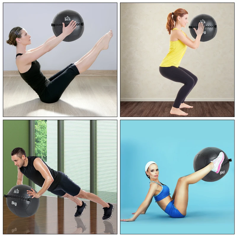 HOMCOM Balón Medicinal de Crossfit 8Kg con Asas tipo Pelota de Ejercicios de Cuero y PU Ф35cm