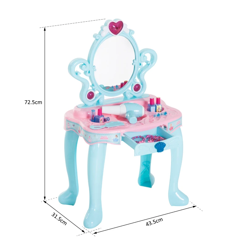 HOMCOM Tocador Infantil Princesa Mesita de Maquillaje con Luz y Sonido Secador de Pelo Accesorios Includios Cajón Extraíble 43.5x31.5x72.5cm
