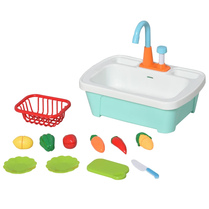 Outsunny Juego de Mesa y 2 Bancos para Niños Mesa de Picnic Infantil de Madera con Arenero o Piscina Fregadero y 14 Juguetes de Cocina para Jardín Exterior 94x89x50,5 cm Multicolor