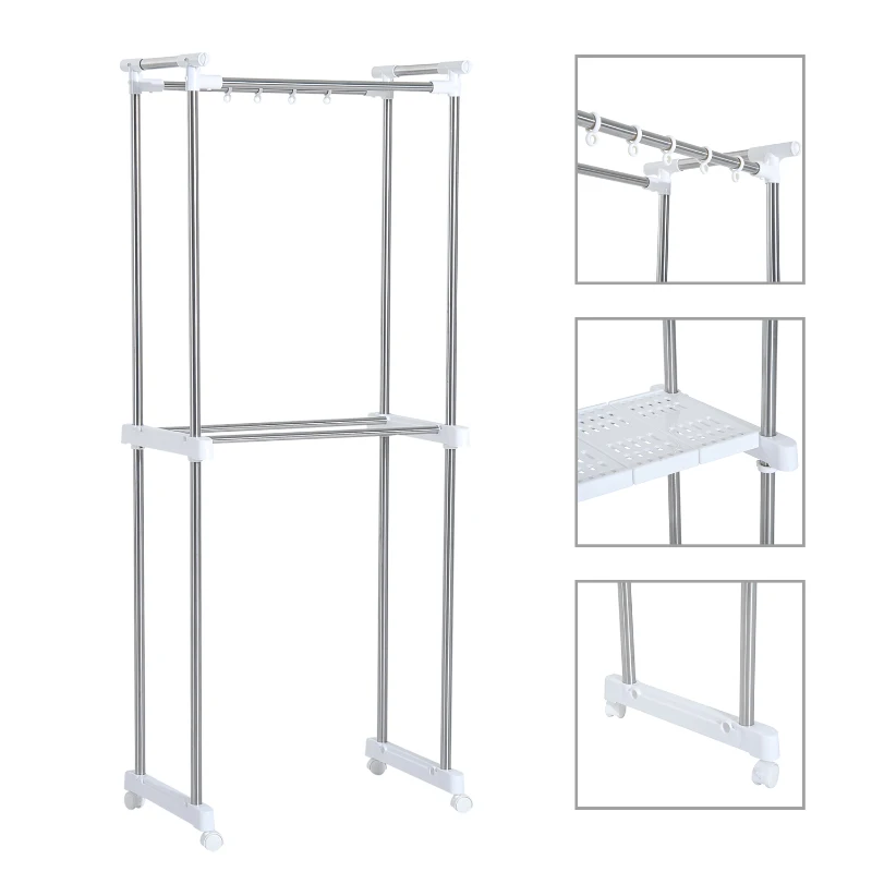 HOMCOM Estantería para Lavadora con Ganchos Ruedas y Estante tipo Mueble de Baño 71x42.5x178cm Color Blanco y Acero Inox.