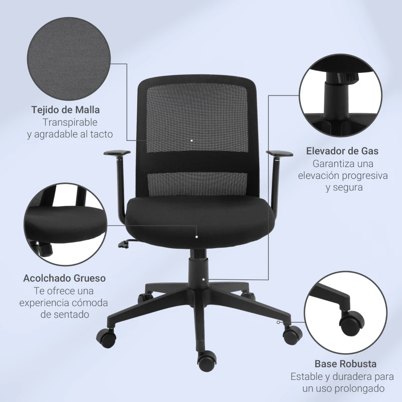 Vinsetto Silla de Oficina Ligera Silla de Juvenil con Altura Ajustable Reposabrazos Soporte Lumbar Respaldo Transpirable y Función Basculante 58x60x89-99 cm Negro