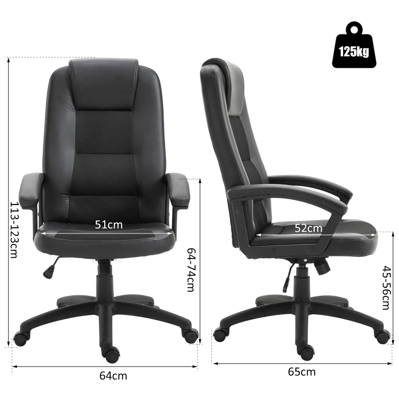 Vinsetto Silla de Oficina Giratoria Silla de Escritorio Ergonómica con Altura Ajustable Función Basculante Reposabrazos y Respaldo Alto de Piel Sintética 64x65x113-123 cm Negro