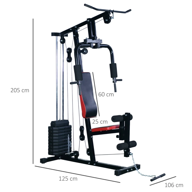 HOMCOM Multiestación de Musculación Máquina Entrenamiento con Estribo para Piernas Poleas y Placas de Peso de 45 kg para Ejercicios de Hombros Espalda Brazos Acero 125x106x205 cm Negro