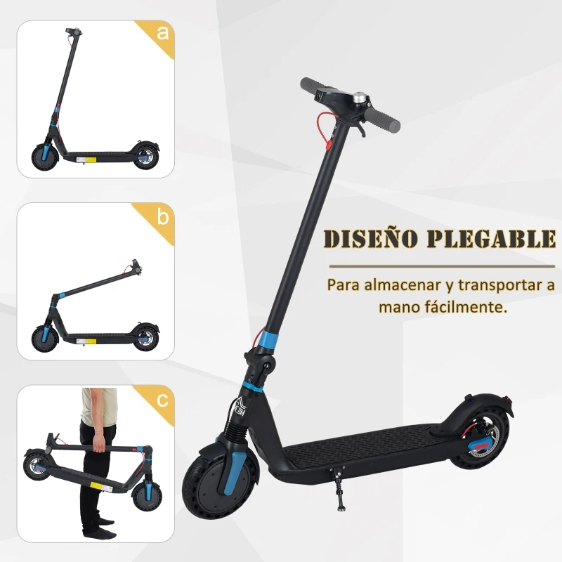 HOMCOM Patinete Eléctrico para Adultos y Adolescentes Scooter Eléctrico Plegable con Ruedas de Caucho Macizo Faro Luz de Freno Carga 120 kg 104x44x116 cm Negro