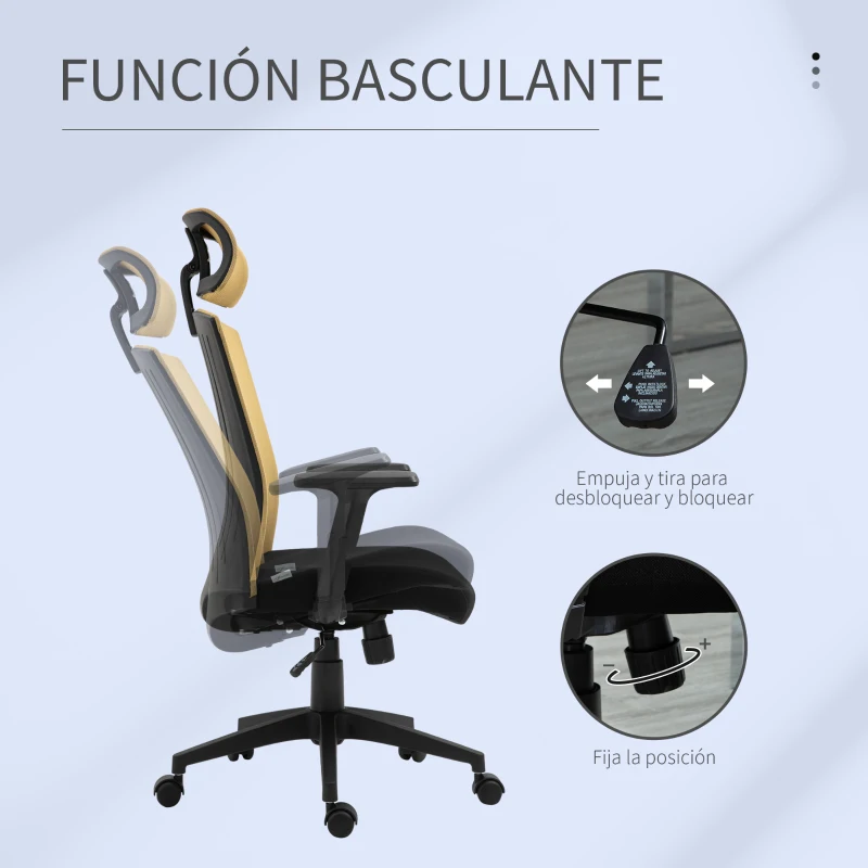 Vinsetto Silla de Oficina Ergonómica Silla de Escritorio Giratoria con Reposacabezas y Reposabrazos Ajustables Soporte Lumbar Respaldo Transpirable 65x63x119-129 cm Dorado y Negro