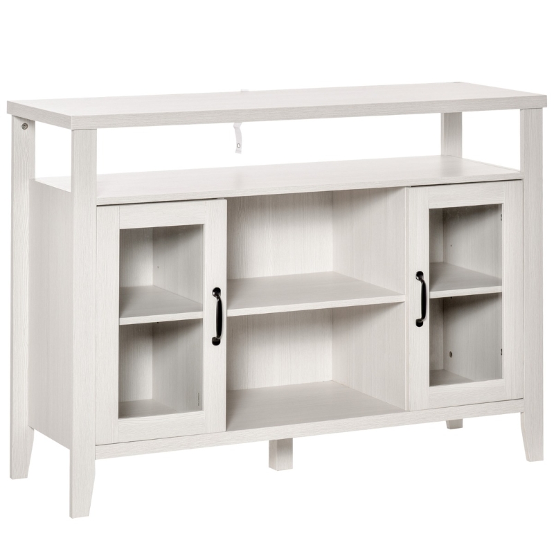 HOMCOM Aparador de Cocina Mueble Auxiliar de Comedor con 2 Armarios con Puerta de Vidrio Estante Ajustable Compartimentos Abiertos 116x39,5x86,5 cm Blanco