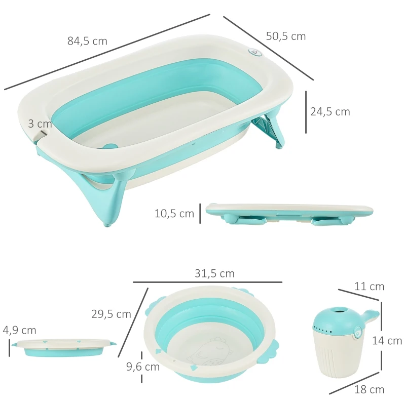 HOMCOM Bañera para Bebé Plegable 3 en 1 Juego de Ducha para 0-3 Años Portátil Bañera Lavabo Taza de Champú Ergonómico con Base Antideslizante 84,5x50,5x24 cm Turquesa