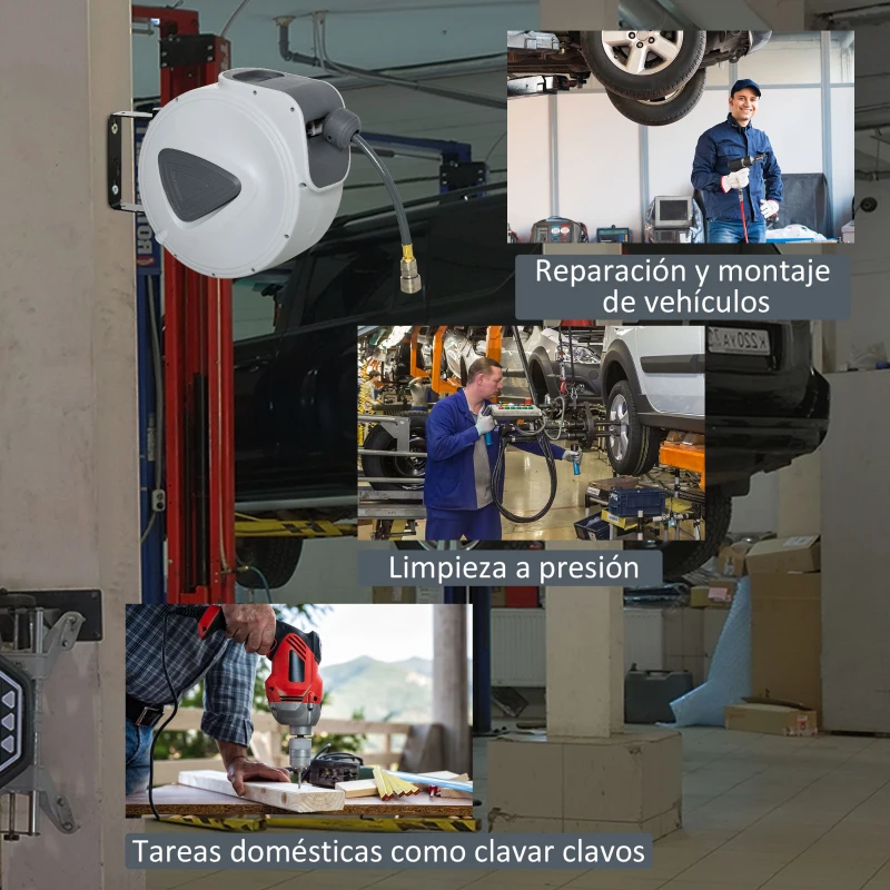 DURHAND Carrete Manguera de Aire Comprimido Automático de 30 m Conector de 1/4'' BSP con Soporte para Pared Giratorio 180° Diámetro Interno 3/8'' (9,5x15 mm) Gris