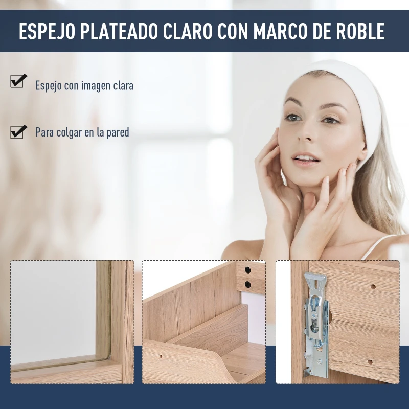 Conjunto Mueble de Baño Incluye Mueble Lavabo 2 Cajones Lavamanos de Cerámica Espejo a Juego Estilo Moderno Colgar a La Pared Color Roble Blanco Plateado Medida del Mueble  59x45x48cm