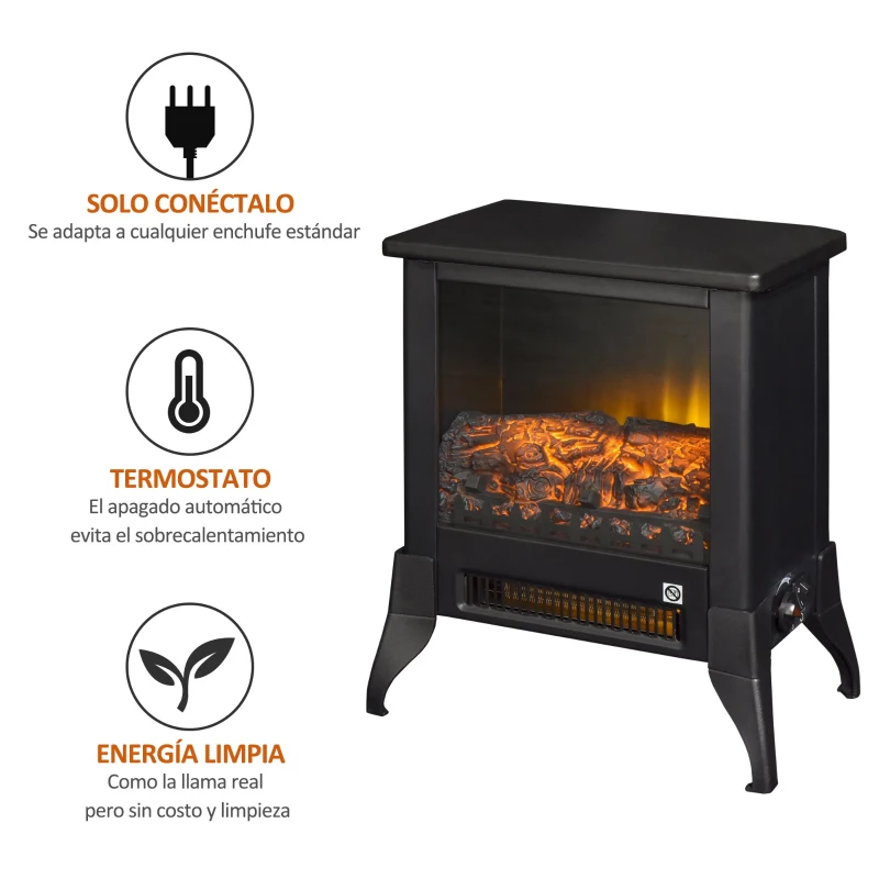 HOMCOM Chimenea Eléctrica Llama Similada Realista con Calentador Independiente Interruptor de Corte Térmico Seguridad Hueco Calorífico 37,7x23x45 cm Negro